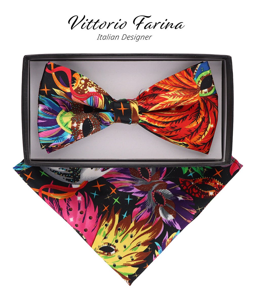Vittorio Farina Mardi Gras Printed Bow Tie and Pocket Square - BH - MG_Mardi #0 - Classy Cufflinks